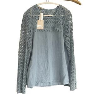 Francesca Bettini Linen Light Blue Crochet Yoke Long-Sleeve Blouse XL